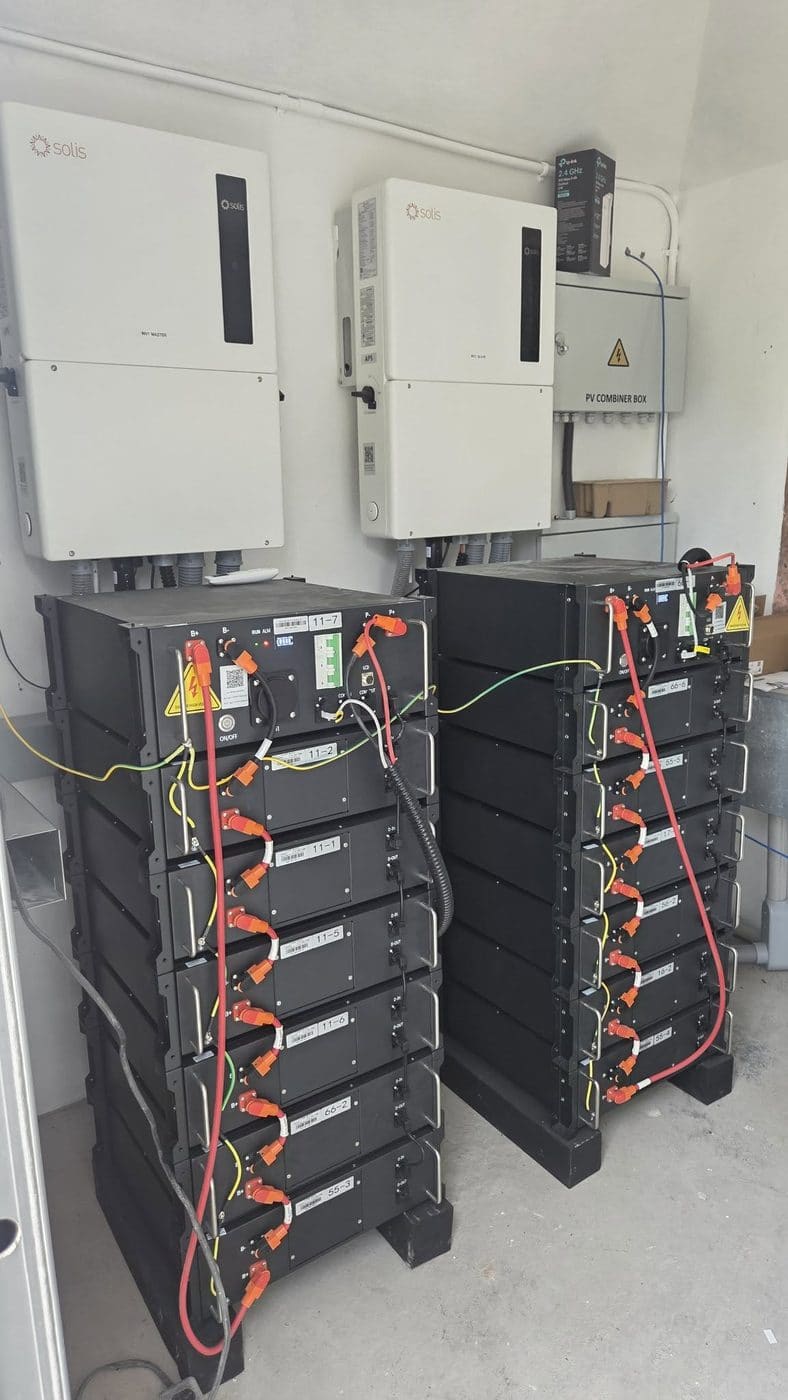 Battery storage bank installed in a utility room
